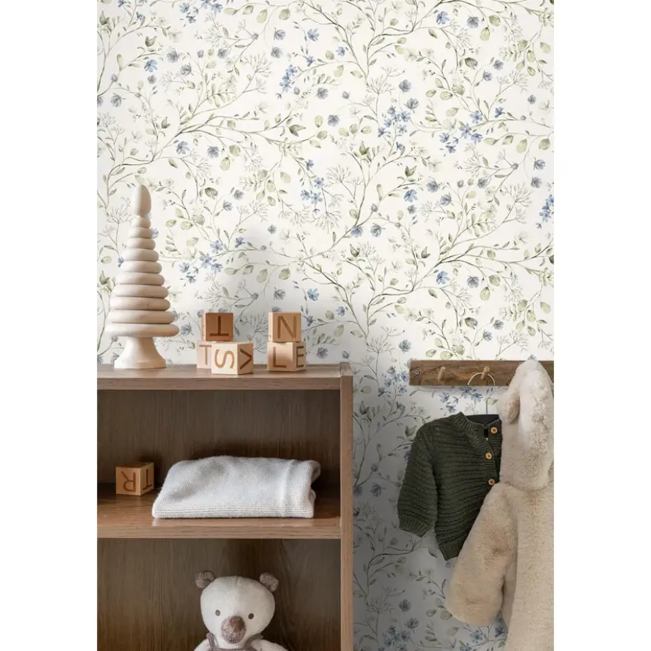 ESTAhome behang bloemetjes vergrijsd groen, blauw en wit - 50 x 900 cm