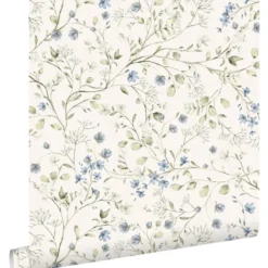 ESTAhome behang bloemetjes vergrijsd groen, blauw en wit - 50 x 900 cm
