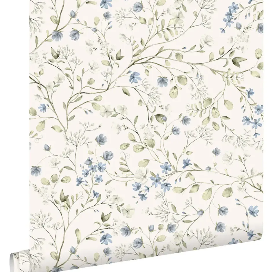 ESTAhome behang bloemetjes vergrijsd groen, blauw en wit - 50 x 900 cm