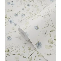 ESTAhome behang bloemetjes vergrijsd groen, blauw en wit - 50 x 900 cm