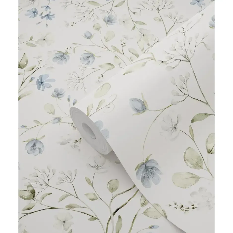 ESTAhome behang bloemetjes vergrijsd groen, blauw en wit - 50 x 900 cm