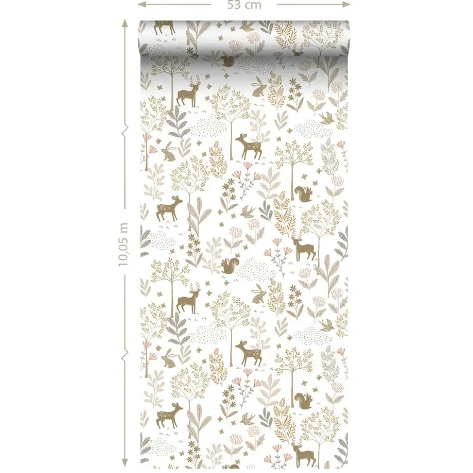 ESTAhome behang bos met bosdieren terracotta roze en beige - 53 x 1005 cm