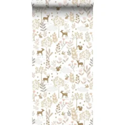 ESTAhome behang bos met bosdieren terracotta roze en beige - 53 x 1005 cm