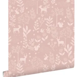 ESTAhome behang bos met bosdieren oudroze - 53 x 1005 cm