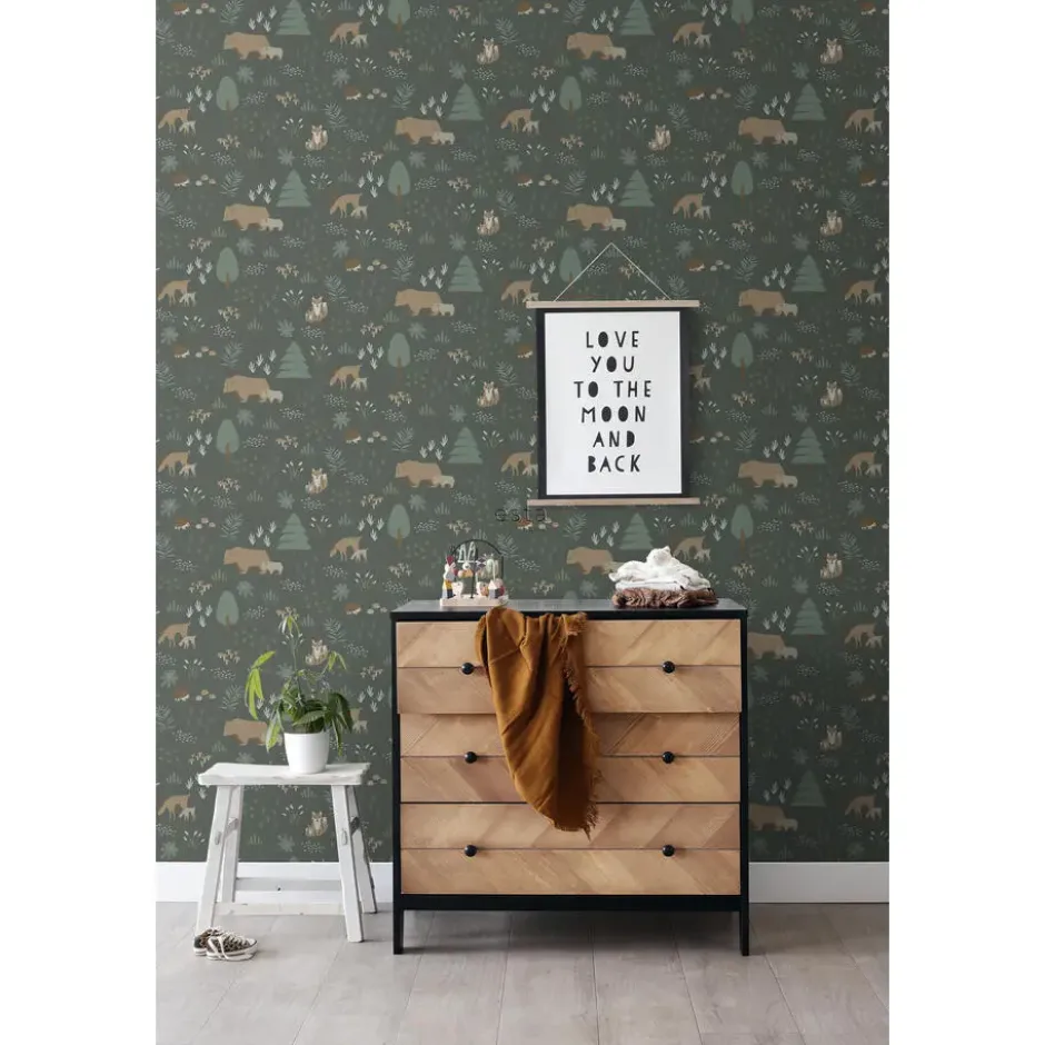 ESTAhome behang bos met bosdieren donkergroen - 53 x 1005 cm