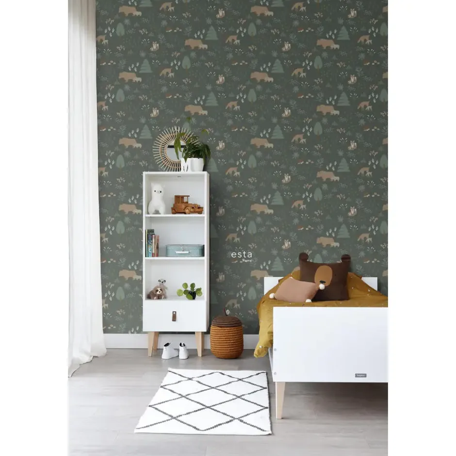 ESTAhome behang bos met bosdieren donkergroen - 53 x 1005 cm