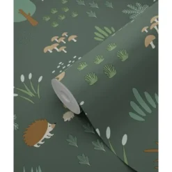 ESTAhome behang bos met bosdieren donkergroen - 53 x 1005 cm
