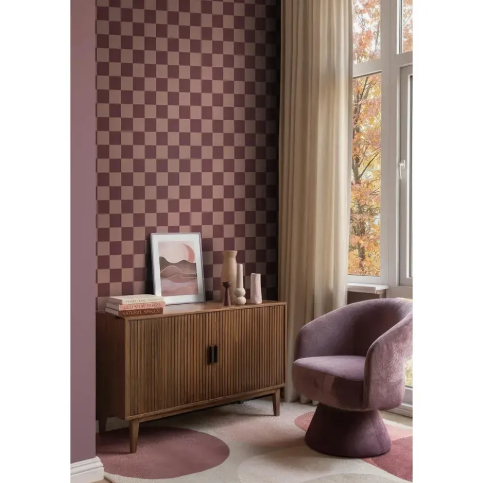 ESTAhome behang geblokt motief donker paars en terracotta roze - 50 x 900 cm
