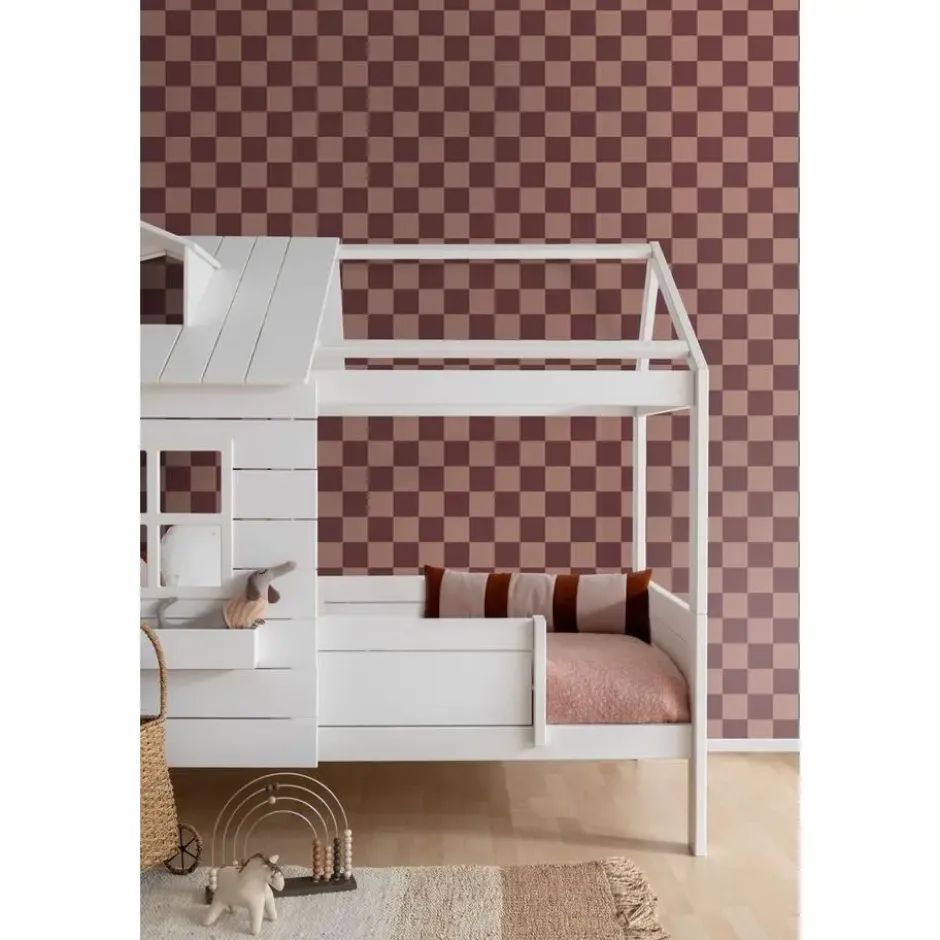 ESTAhome behang geblokt motief donker paars en terracotta roze - 50 x 900 cm