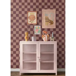 ESTAhome behang geblokt motief donker paars en terracotta roze - 50 x 900 cm