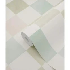 ESTAhome behang geblokt motief beige, blauw en groen - 50 x 900 cm