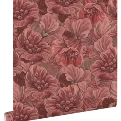 ESTAhome behang geborduurd bloemmotief bordeaux rood - 50 x 900 cm
