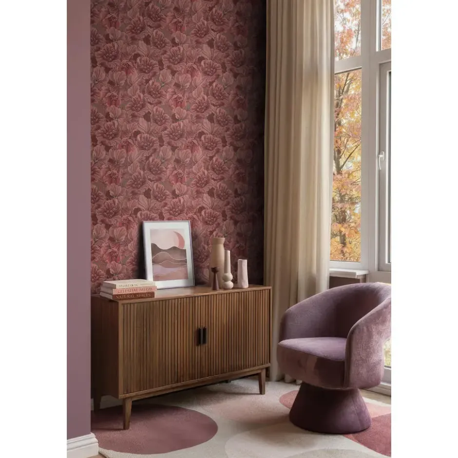 ESTAhome behang geborduurd bloemmotief bordeaux rood - 50 x 900 cm