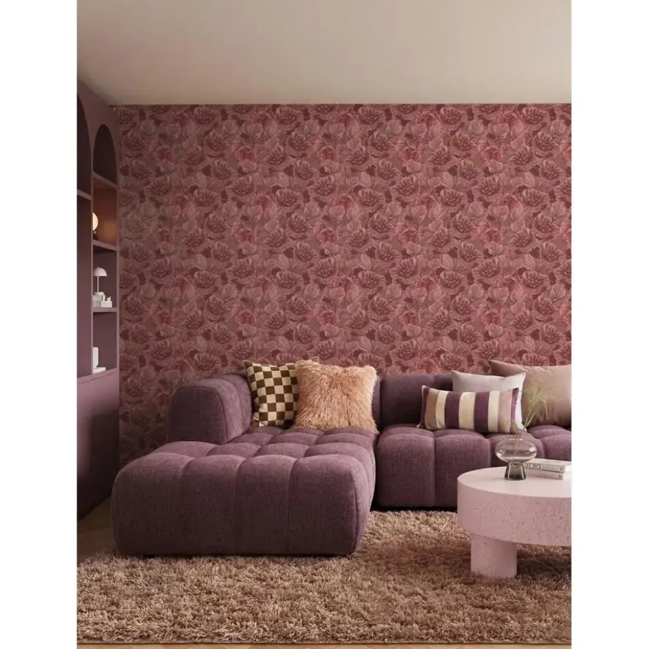 ESTAhome behang geborduurd bloemmotief bordeaux rood - 50 x 900 cm
