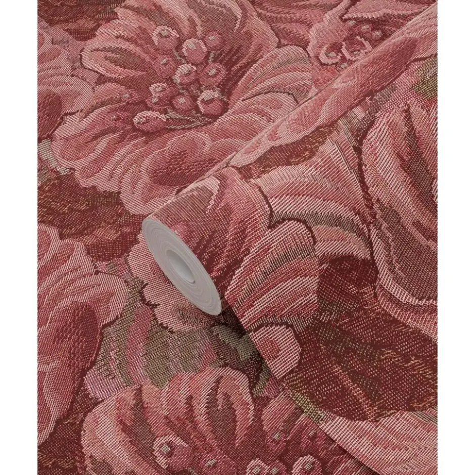 ESTAhome behang geborduurd bloemmotief bordeaux rood - 50 x 900 cm