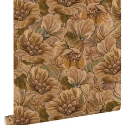 ESTAhome behang geborduurd bloemmotief beige bruin - 50 x 900 cm