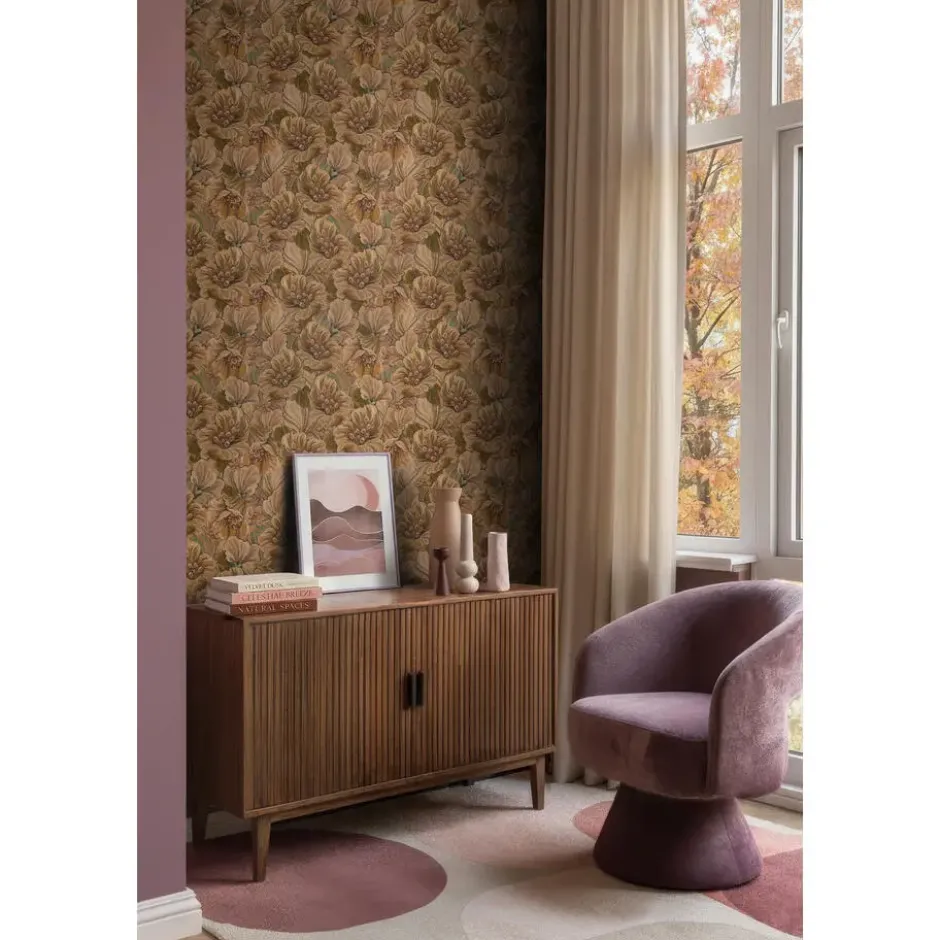 ESTAhome behang geborduurd bloemmotief beige bruin - 50 x 900 cm