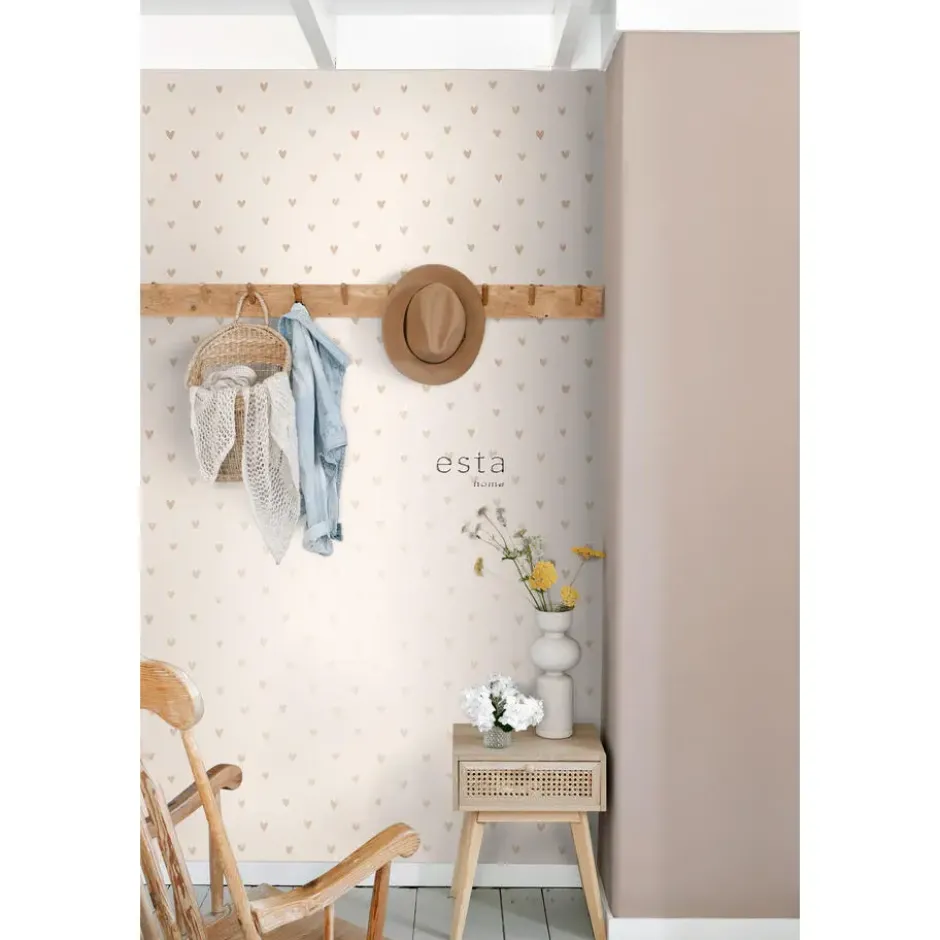 ESTAhome behang - hartjes - glanzend goud en beige - 0.53 x 10.05 m