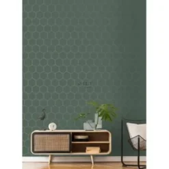 ESTAhome behang - honingraat-motief - groen en goud - 53 cm x 10,05 m