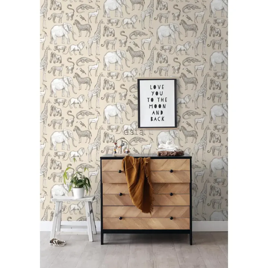 ESTAhome behang jungle dieren beige - 53 x 1005 cm