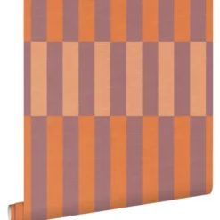 ESTAhome behang linnen-look strepen paars en oranje - 50 x 900 cm