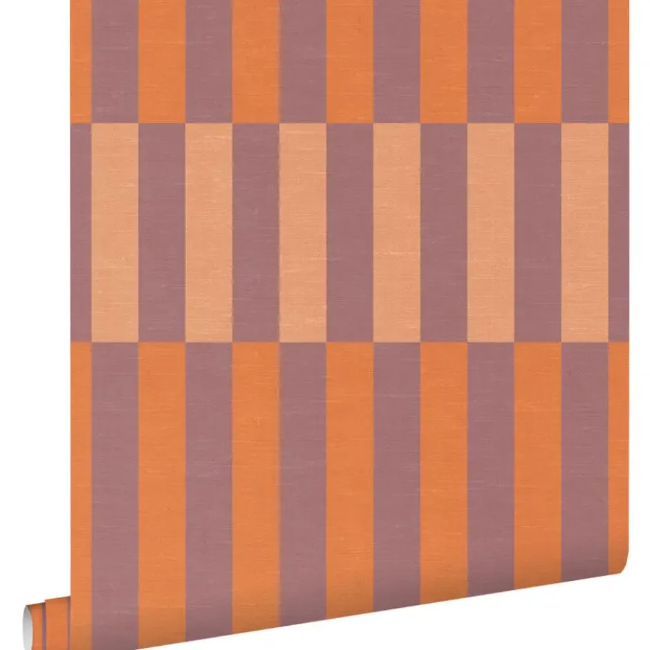 ESTAhome behang linnen-look strepen paars en oranje - 50 x 900 cm