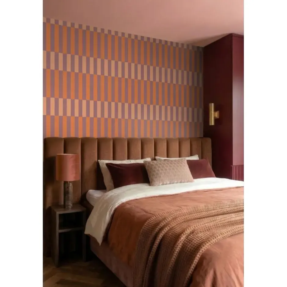 ESTAhome behang linnen-look strepen paars en oranje - 50 x 900 cm