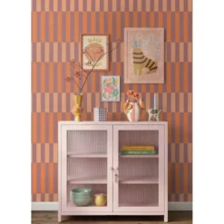 ESTAhome behang linnen-look strepen paars en oranje - 50 x 900 cm