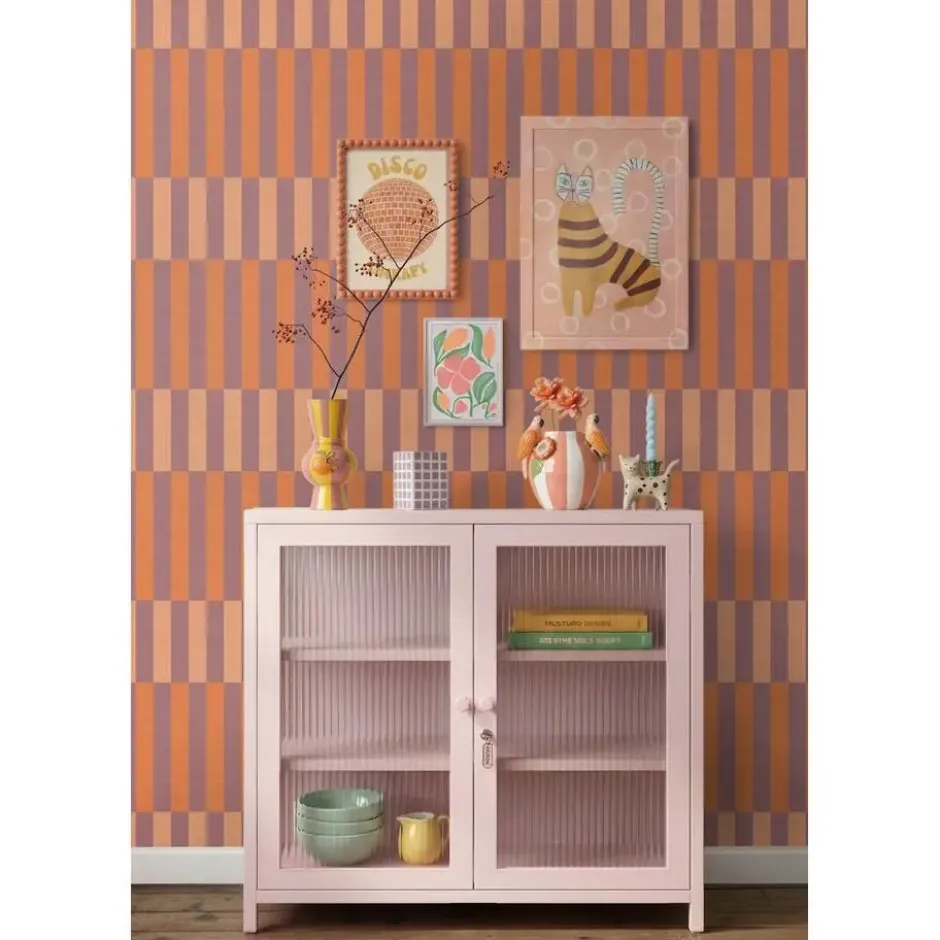 ESTAhome behang linnen-look strepen paars en oranje - 50 x 900 cm