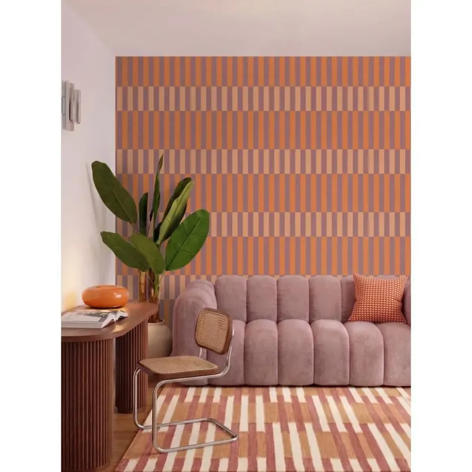 ESTAhome behang linnen-look strepen paars en oranje - 50 x 900 cm
