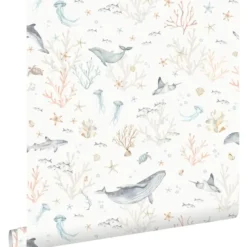 ESTAhome behang onderwaterwereld beige en vergrijsd blauw - 50 x 900 cm