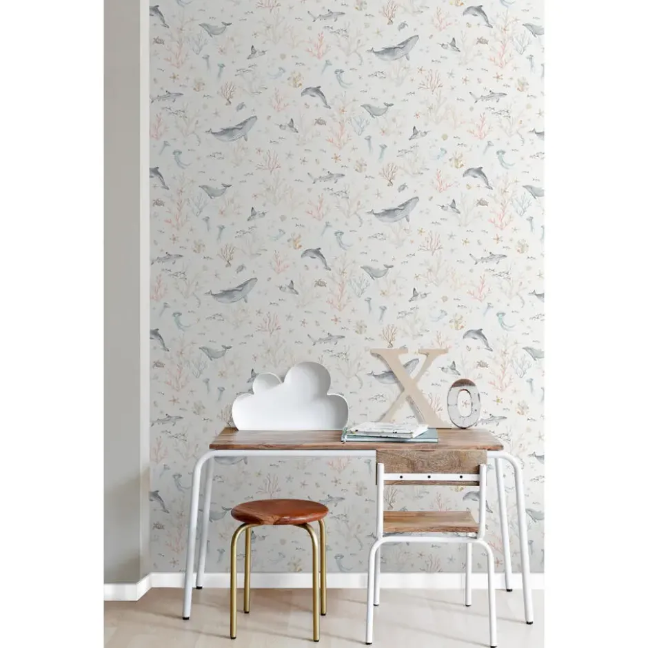 ESTAhome behang onderwaterwereld beige en vergrijsd blauw - 50 x 900 cm