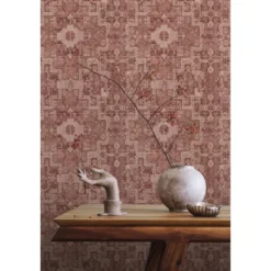ESTAhome behang oosters kelim tapijt donker terracotta roze - 50 x 900 cm