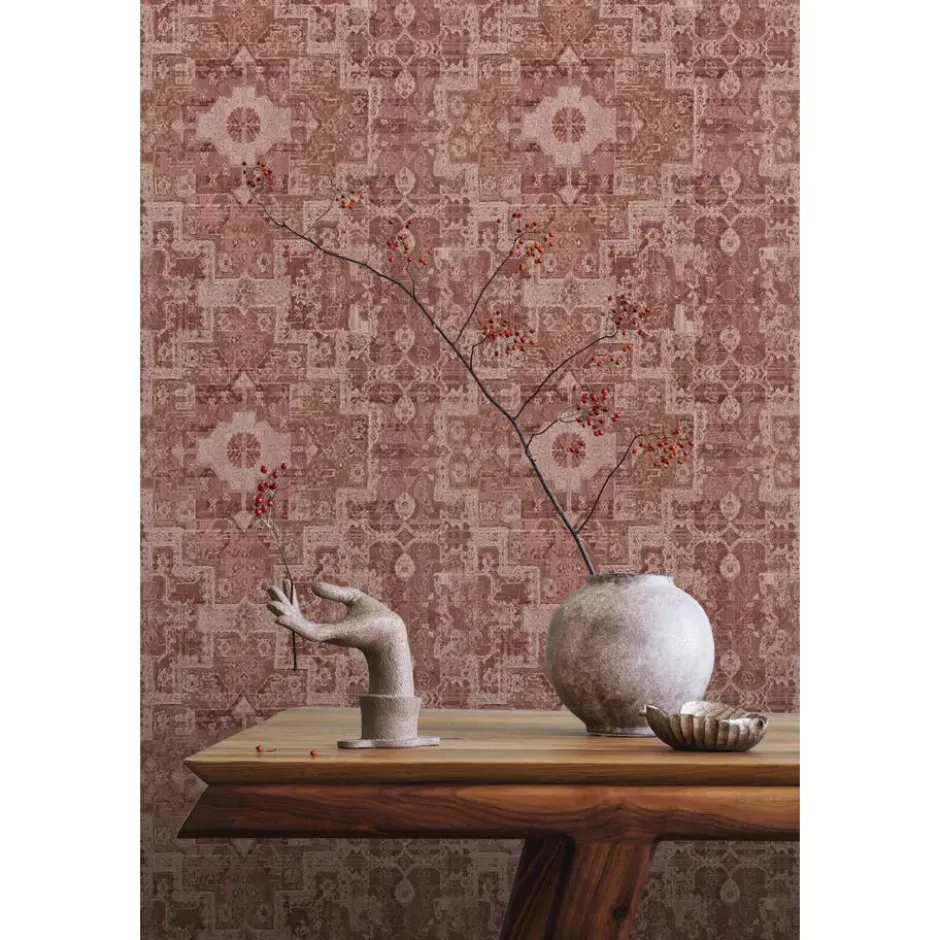ESTAhome behang oosters kelim tapijt donker terracotta roze - 50 x 900 cm