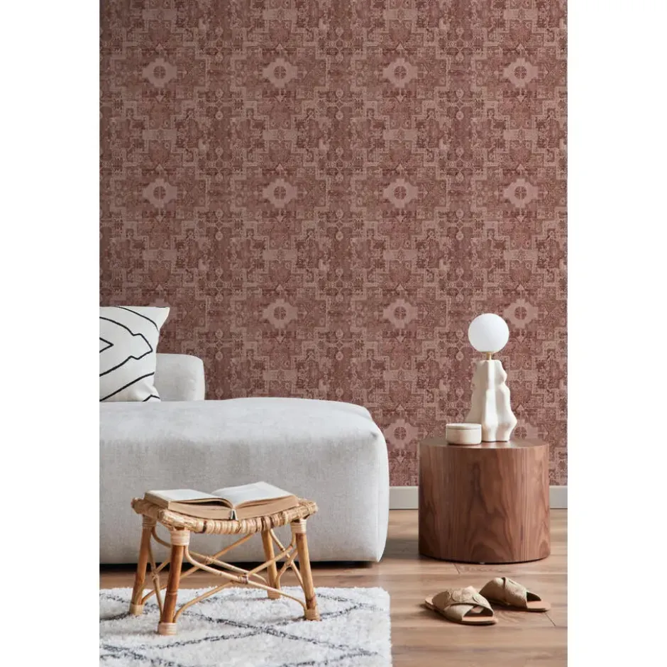 ESTAhome behang oosters kelim tapijt donker terracotta roze - 50 x 900 cm