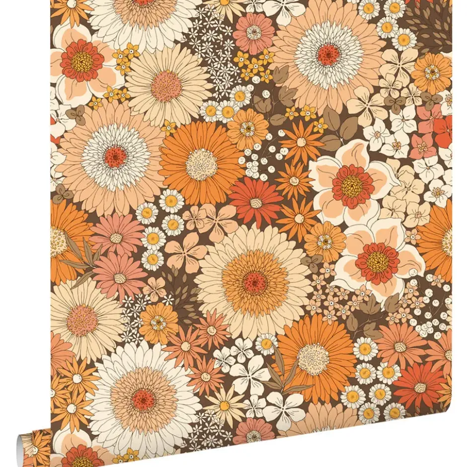 ESTAhome behang retro bloemen oranje en terracotta roze - 50 x 900 cm