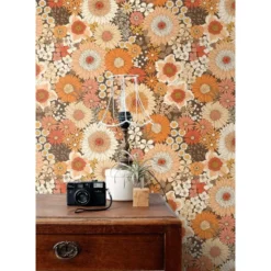 ESTAhome behang retro bloemen oranje en terracotta roze - 50 x 900 cm