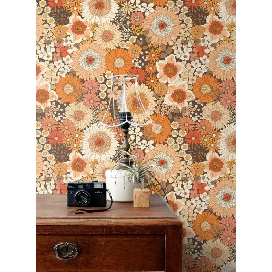 ESTAhome behang retro bloemen oranje en terracotta roze - 50 x 900 cm