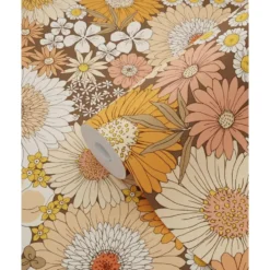 ESTAhome behang retro bloemen oranje en terracotta roze - 50 x 900 cm