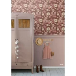 ESTAhome behang retro bloemen aubergine paars en roze - 50 x 900 cm
