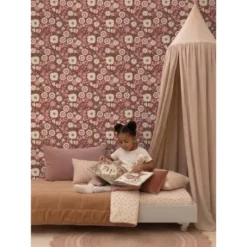 ESTAhome behang retro bloemen aubergine paars en roze - 50 x 900 cm