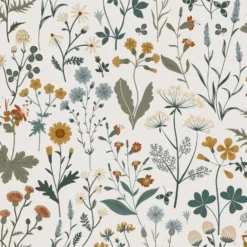 ESTAhome behang veldbloemen okergeel, vergrijsd groen en vintage blauw