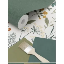 ESTAhome behang veldbloemen okergeel, vergrijsd groen en vintage blauw