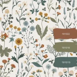 ESTAhome behang veldbloemen okergeel, vergrijsd groen en vintage blauw