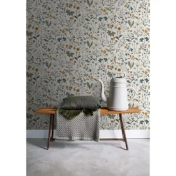 ESTAhome behang veldbloemen okergeel, vergrijsd groen en vintage blauw
