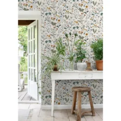 ESTAhome behang veldbloemen okergeel, vergrijsd groen en vintage blauw