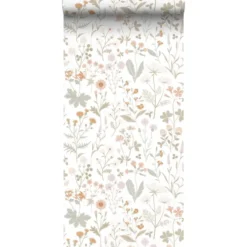 ESTAhome behang veldbloemen groen en terracotta roze - 53 x 1005 cm