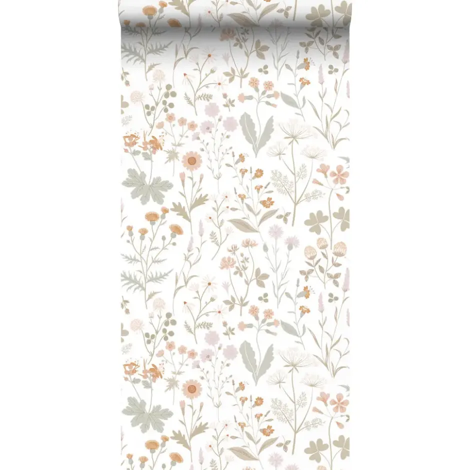 ESTAhome behang veldbloemen groen en terracotta roze - 53 x 1005 cm