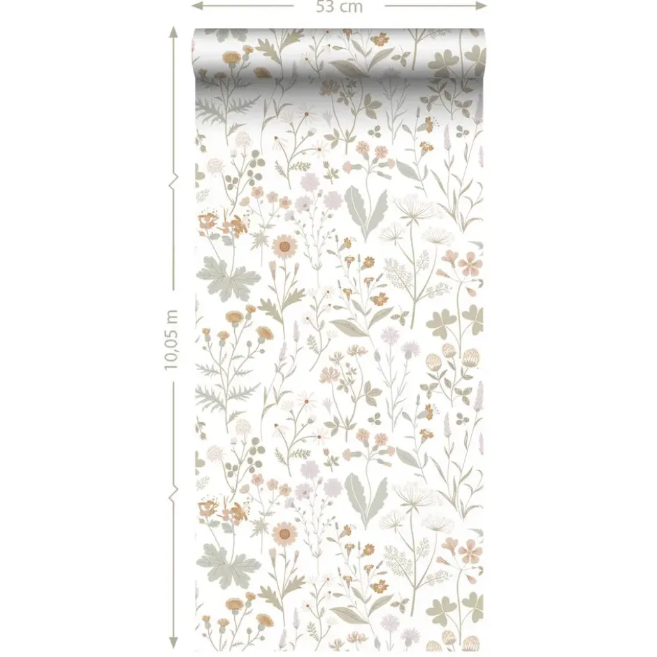 ESTAhome behang veldbloemen groen en terracotta roze - 53 x 1005 cm