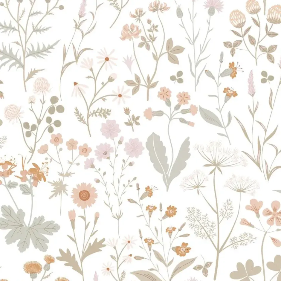 ESTAhome behang veldbloemen groen en terracotta roze - 53 x 1005 cm